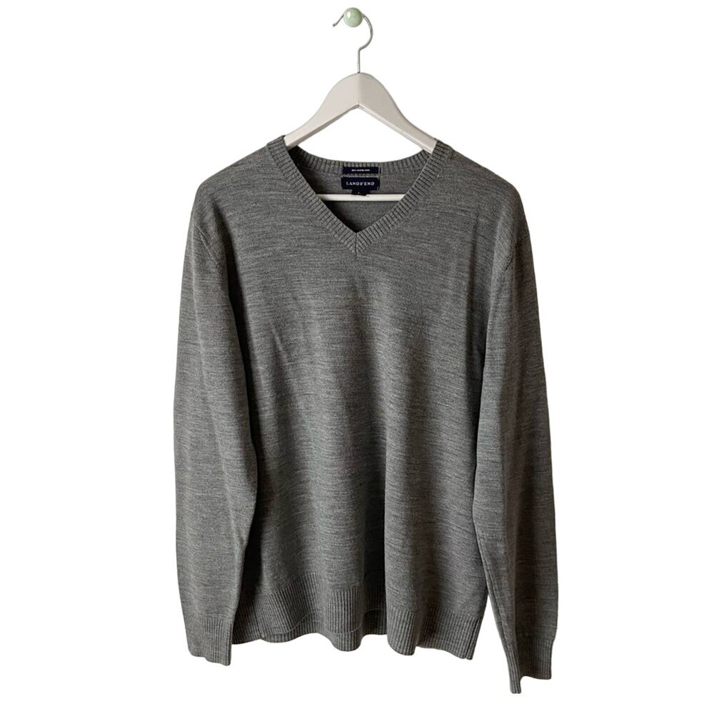 Lands’ End Gray 100% Merino Wool V-Neck Sweater Size Large